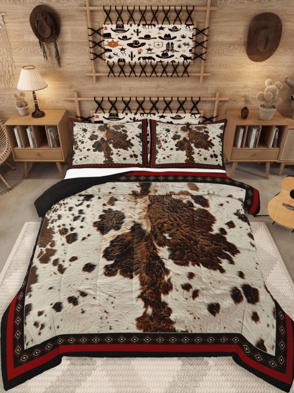 Cow Fur Print Comforter Set Cowhide Bedding Set Queen Size 3 Pcs
